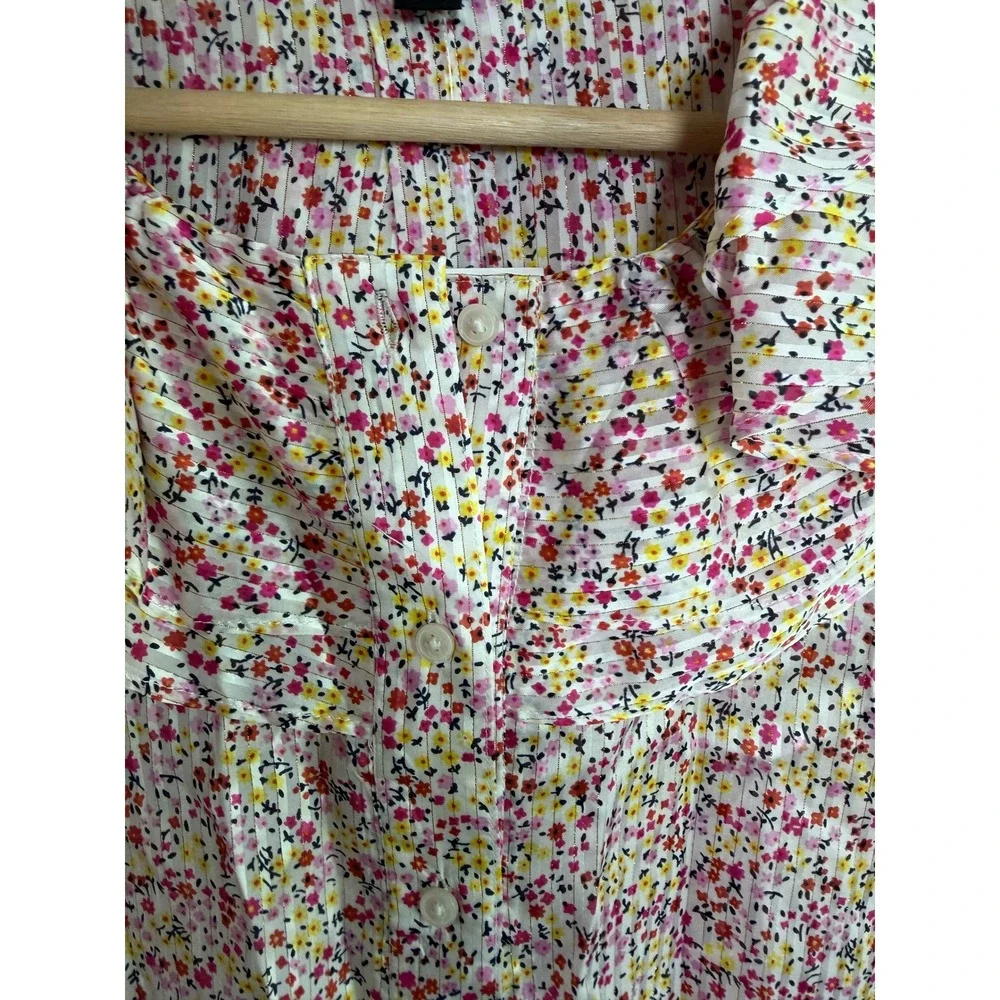 J.Crew Floral Ruffle Collar Pleated Button Up Blouse Pink Yellow Womens M NEW